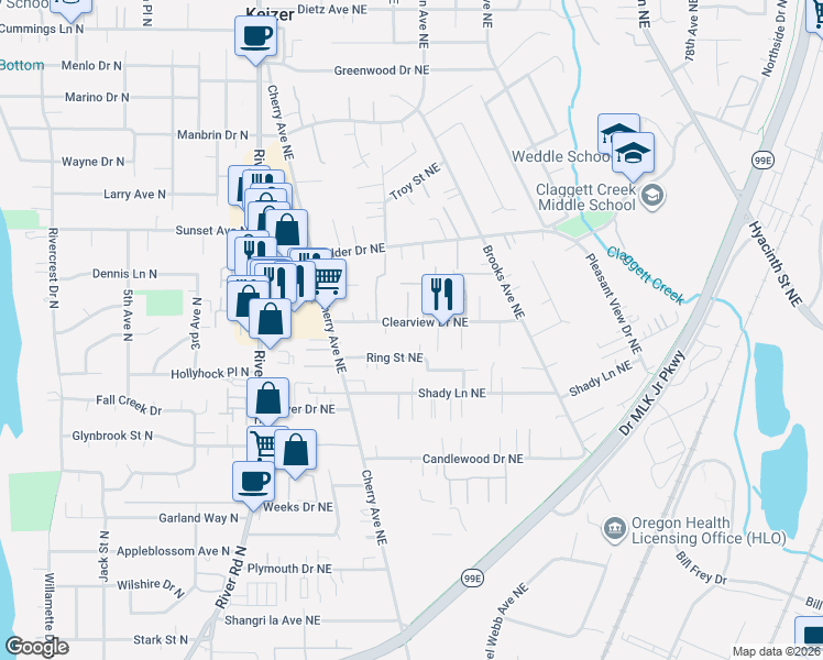 map of restaurants, bars, coffee shops, grocery stores, and more near 1165 Clearview Avenue Northeast in Keizer