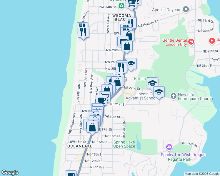 map of restaurants, bars, coffee shops, grocery stores, and more near 1731 Northwest 22nd Street in Lincoln City