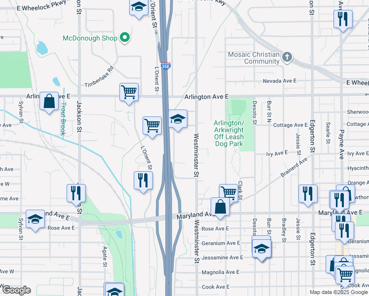 map of restaurants, bars, coffee shops, grocery stores, and more near 1335 Westminster Street in Saint Paul