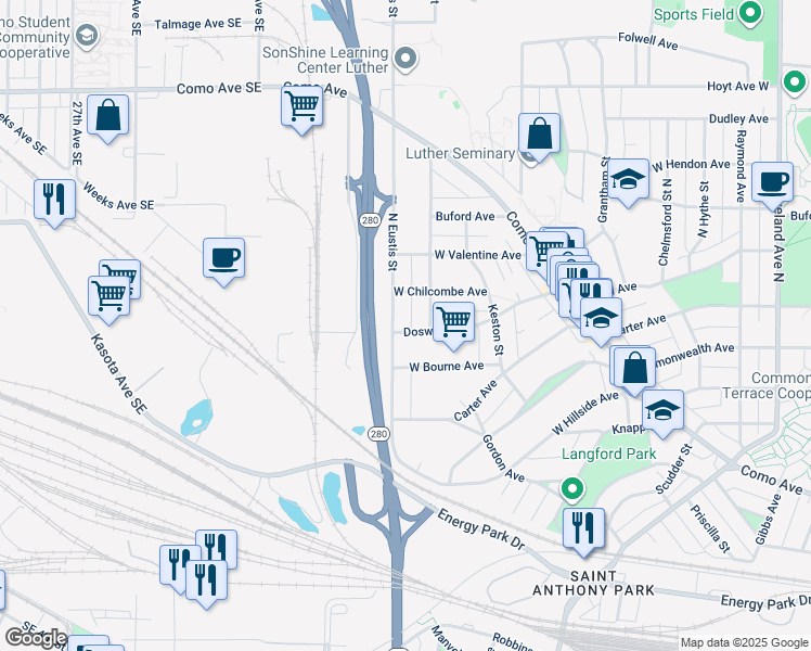 map of restaurants, bars, coffee shops, grocery stores, and more near 1365 North Eustis Street in Saint Paul