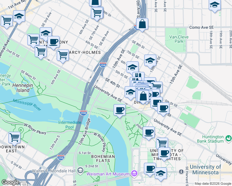map of restaurants, bars, coffee shops, grocery stores, and more near 400 11th Avenue Southeast in Minneapolis