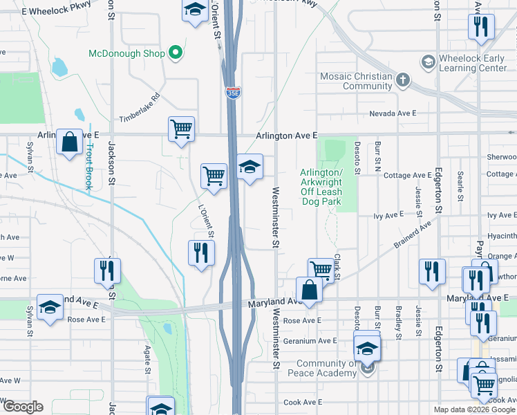 map of restaurants, bars, coffee shops, grocery stores, and more near 1335 Westminster Street in Saint Paul