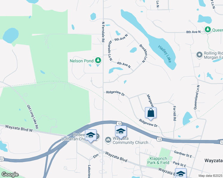 map of restaurants, bars, coffee shops, grocery stores, and more near 121 Ridgeview Drive East in Wayzata