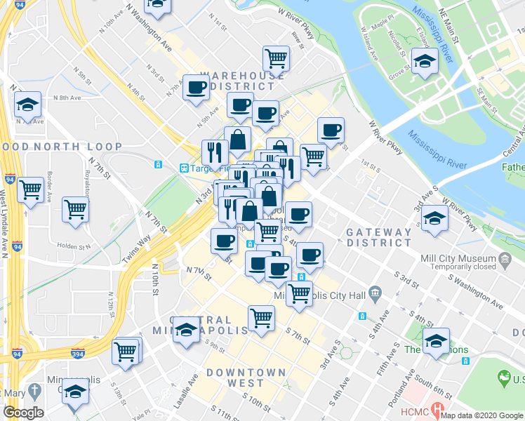 map of restaurants, bars, coffee shops, grocery stores, and more near 370 North 1st Avenue in Minneapolis