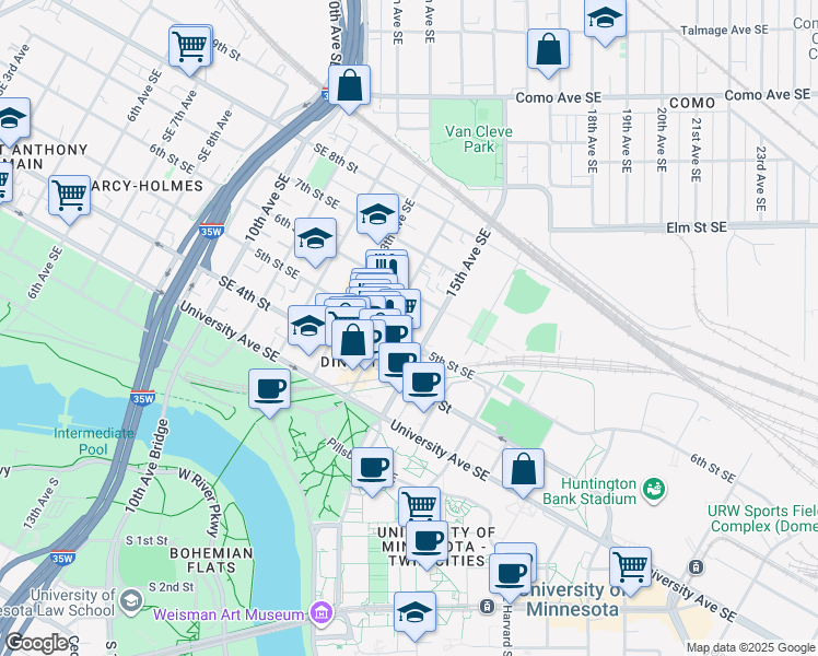 map of restaurants, bars, coffee shops, grocery stores, and more near 1415 5th Street Southeast in Minneapolis