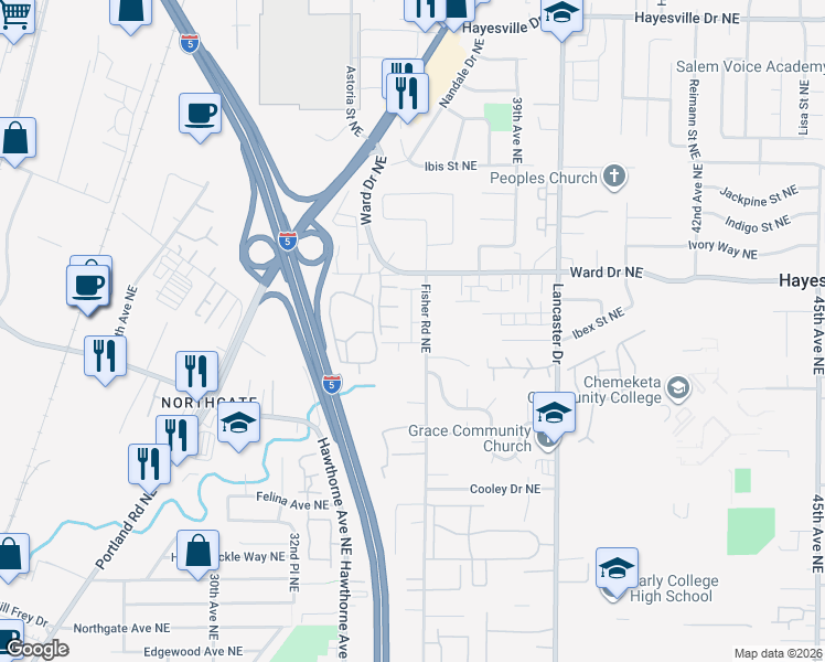 map of restaurants, bars, coffee shops, grocery stores, and more near 3568 Northeast Cherry Glen Place in Salem