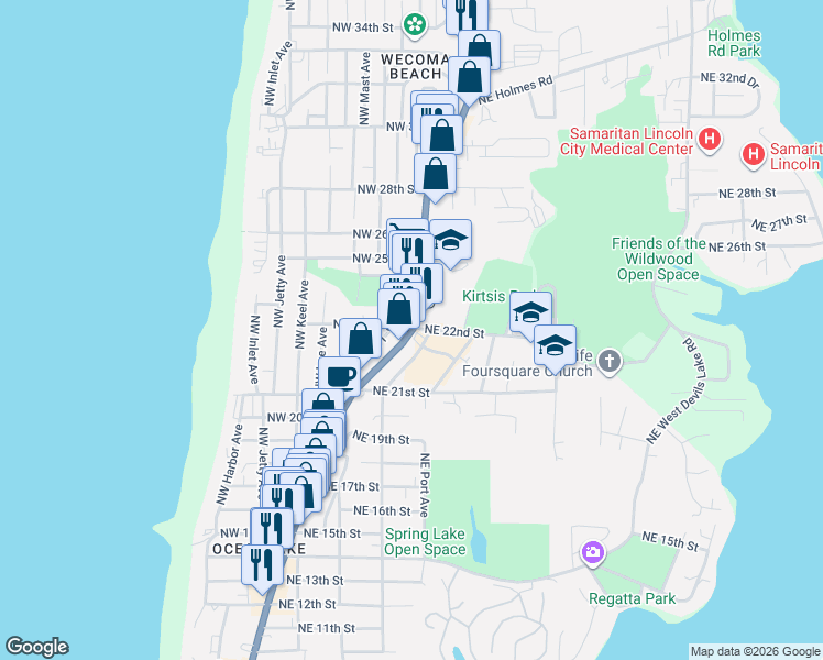 map of restaurants, bars, coffee shops, grocery stores, and more near 2273 Northeast Highway 101 in Lincoln City