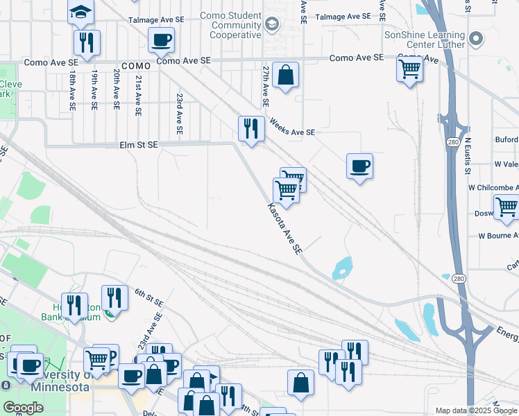 map of restaurants, bars, coffee shops, grocery stores, and more near 739 Kasota Avenue Southeast in Minneapolis