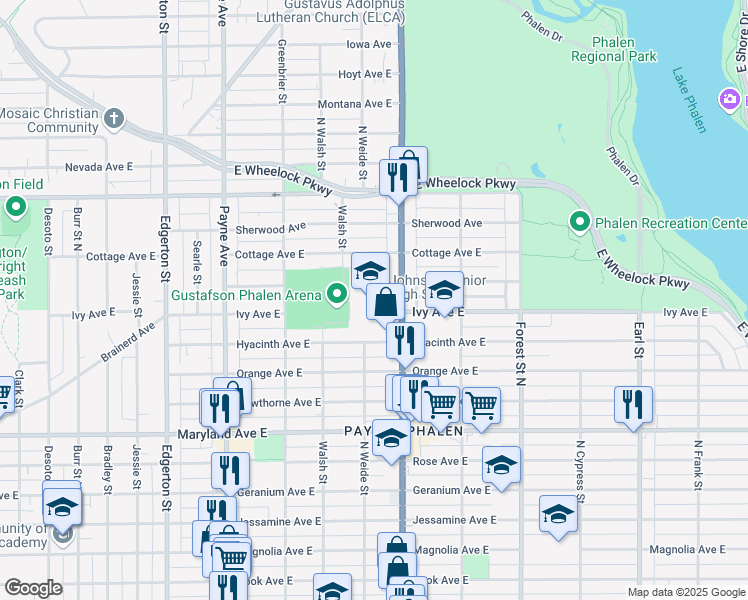 map of restaurants, bars, coffee shops, grocery stores, and more near 1349 Arcade Street in Saint Paul