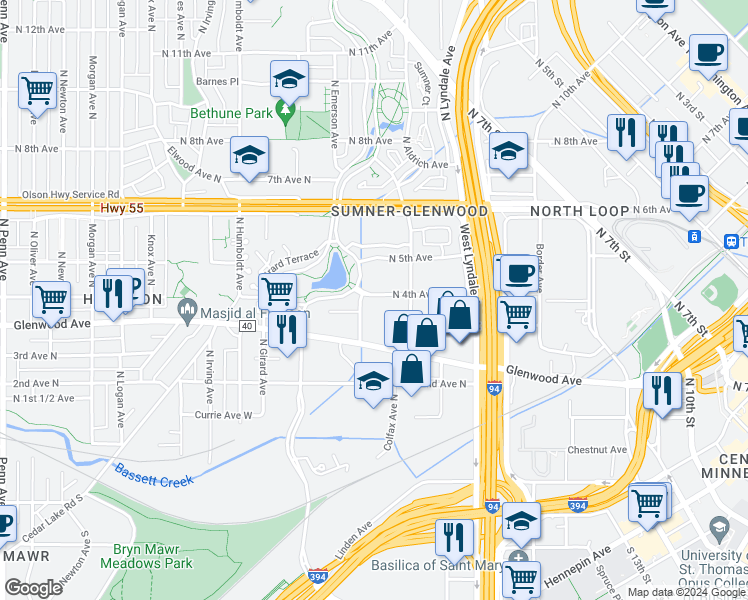 map of restaurants, bars, coffee shops, grocery stores, and more near 1015 North 4th Avenue in Minneapolis