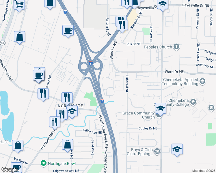 map of restaurants, bars, coffee shops, grocery stores, and more near 4368 Kacey Circle in Salem