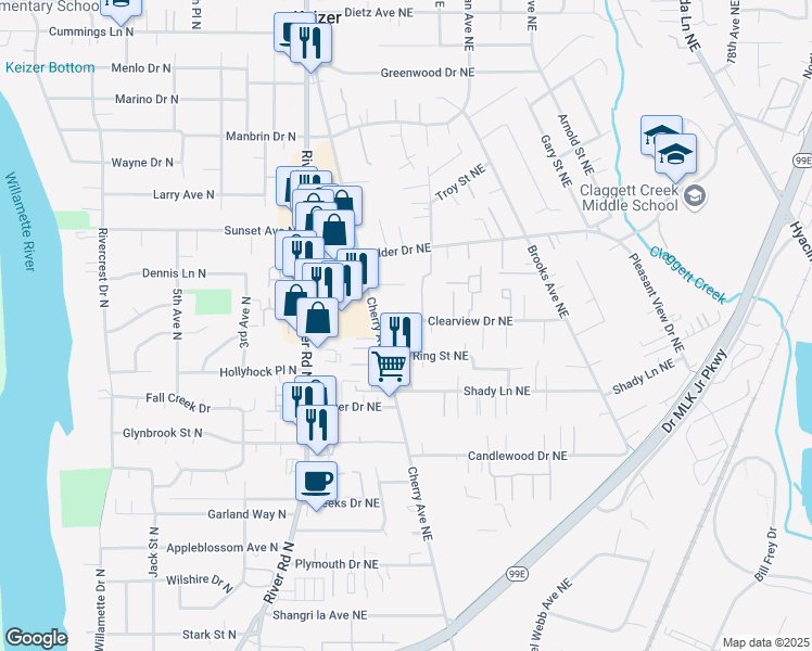 map of restaurants, bars, coffee shops, grocery stores, and more near 1085 Clearview Avenue Northeast in Keizer