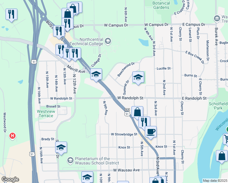 map of restaurants, bars, coffee shops, grocery stores, and more near 1427 U.S. 51 Business in Wausau