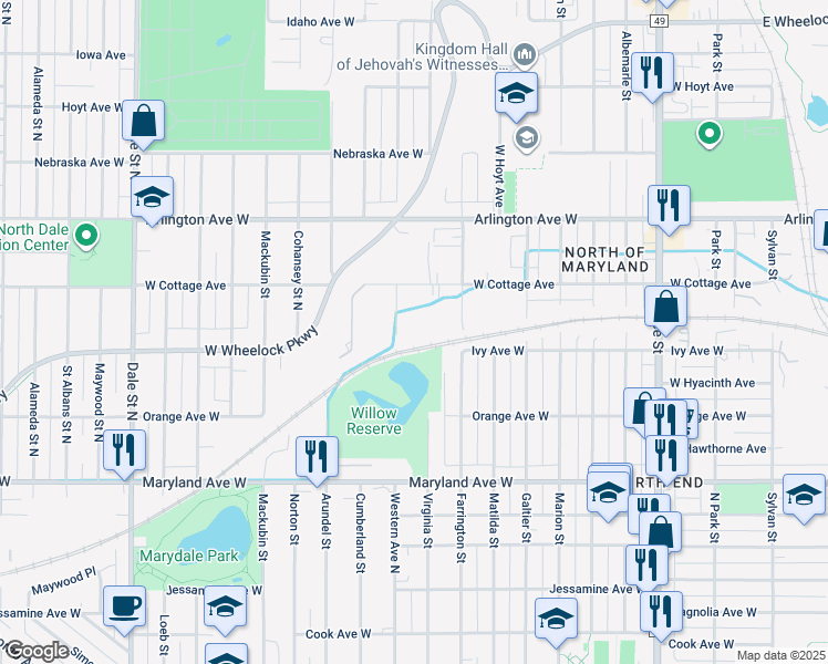 map of restaurants, bars, coffee shops, grocery stores, and more near 1360 Western Avenue North in Saint Paul