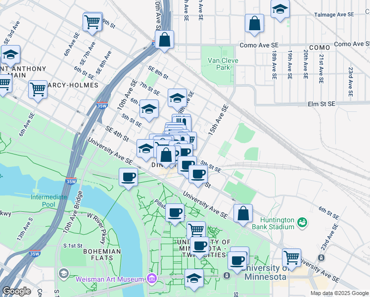 map of restaurants, bars, coffee shops, grocery stores, and more near 1408 6th Street Southeast in Minneapolis