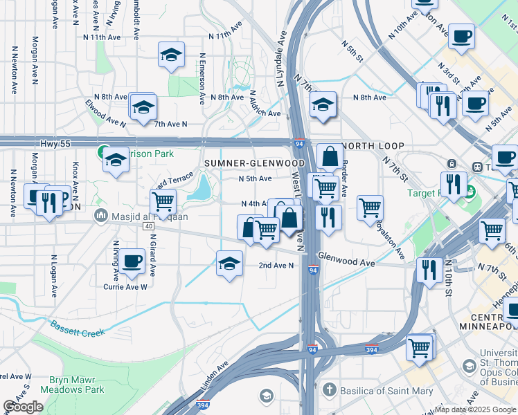 map of restaurants, bars, coffee shops, grocery stores, and more near 320 North Bryant Avenue in Minneapolis