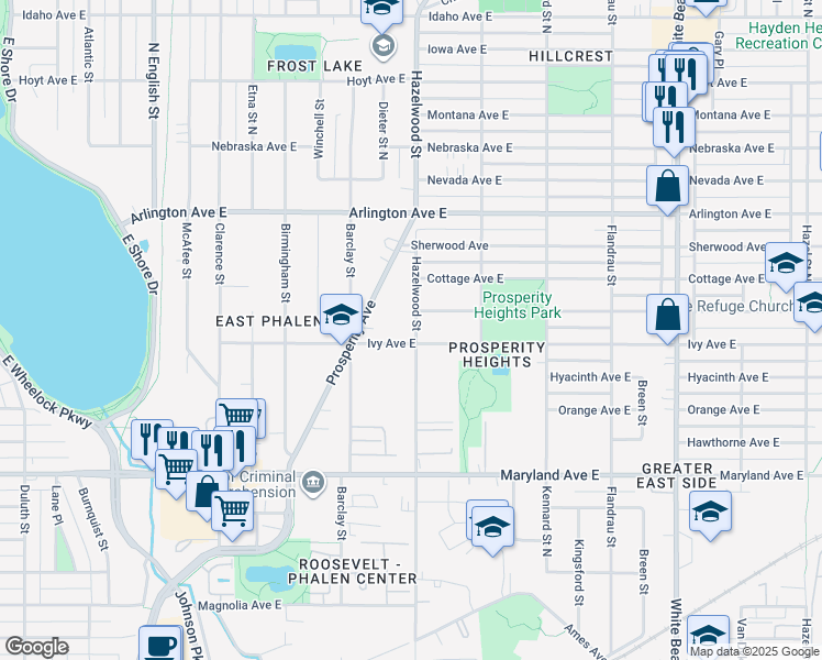 map of restaurants, bars, coffee shops, grocery stores, and more near 1349 Hazelwood Street in Saint Paul