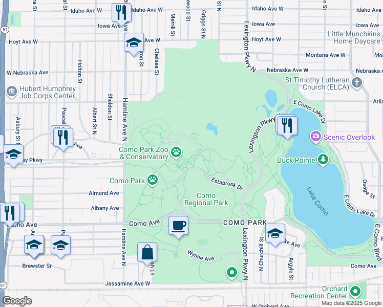 map of restaurants, bars, coffee shops, grocery stores, and more near 1225 Estabrook Drive in Saint Paul