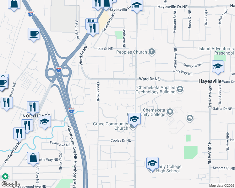 map of restaurants, bars, coffee shops, grocery stores, and more near 4365 Falcon View Way Northeast in Salem