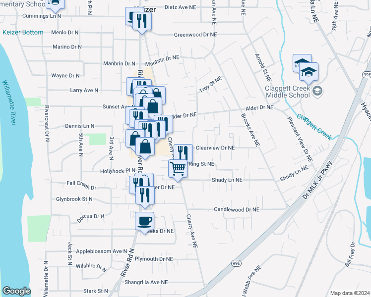 map of restaurants, bars, coffee shops, grocery stores, and more near 1085 Clearview Avenue Northeast in Keizer