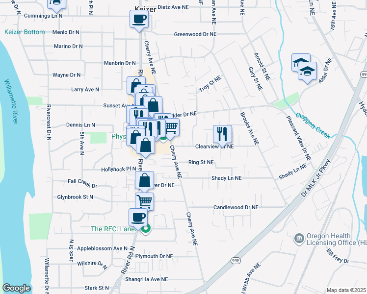 map of restaurants, bars, coffee shops, grocery stores, and more near 1085 Clearview Avenue Northeast in Keizer