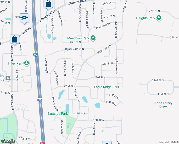 map of restaurants, bars, coffee shops, grocery stores, and more near 2338 Hilo Avenue North in Oakdale