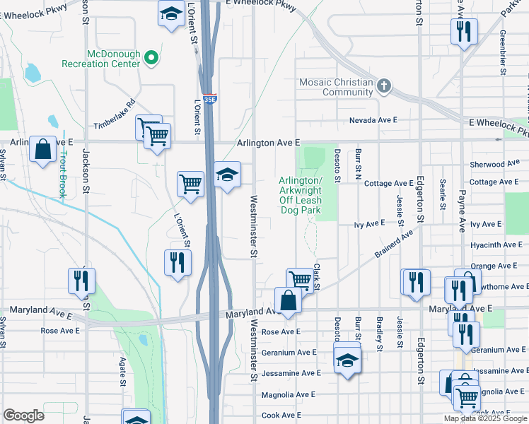map of restaurants, bars, coffee shops, grocery stores, and more near 1354 Westminster Street in Saint Paul