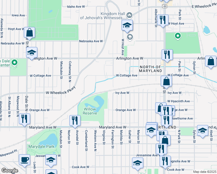 map of restaurants, bars, coffee shops, grocery stores, and more near 1355 Farrington Street in Saint Paul