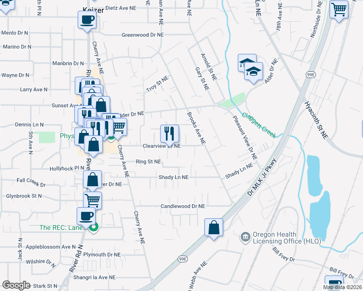 map of restaurants, bars, coffee shops, grocery stores, and more near 1255 Clearview Avenue Northeast in Keizer