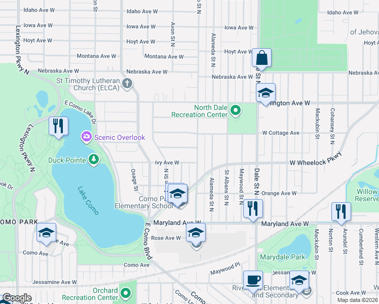 map of restaurants, bars, coffee shops, grocery stores, and more near 755 Lakeview Avenue West in Saint Paul
