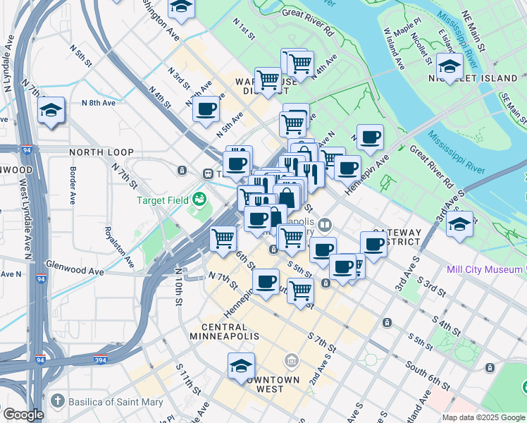 map of restaurants, bars, coffee shops, grocery stores, and more near 120 North 4th Street in Minneapolis