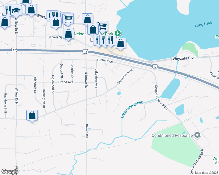 map of restaurants, bars, coffee shops, grocery stores, and more near 1860 Watertown Road in Long Lake