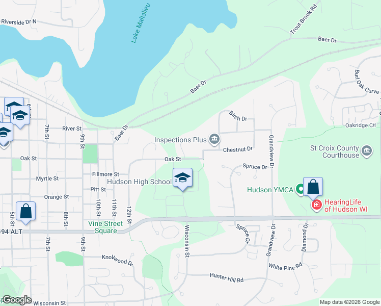 map of restaurants, bars, coffee shops, grocery stores, and more near 1104 Juniper Way in Hudson