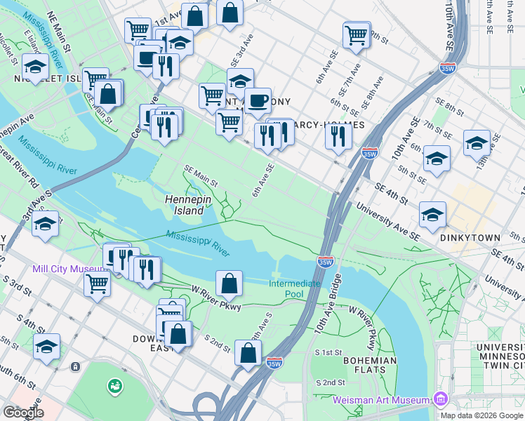 map of restaurants, bars, coffee shops, grocery stores, and more near 100 6th Avenue Southeast in Minneapolis