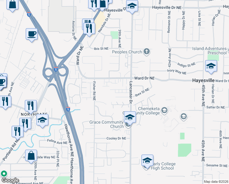 map of restaurants, bars, coffee shops, grocery stores, and more near 3871 Iberis Street Northeast in Salem