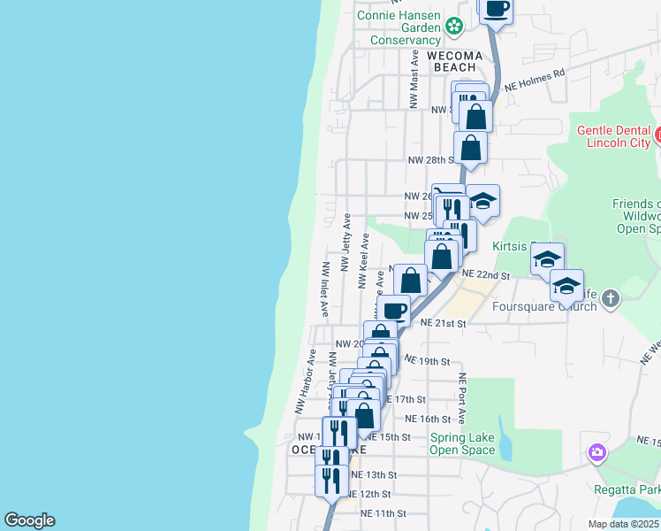 map of restaurants, bars, coffee shops, grocery stores, and more near 2216 Northwest Inlet Avenue in Lincoln City