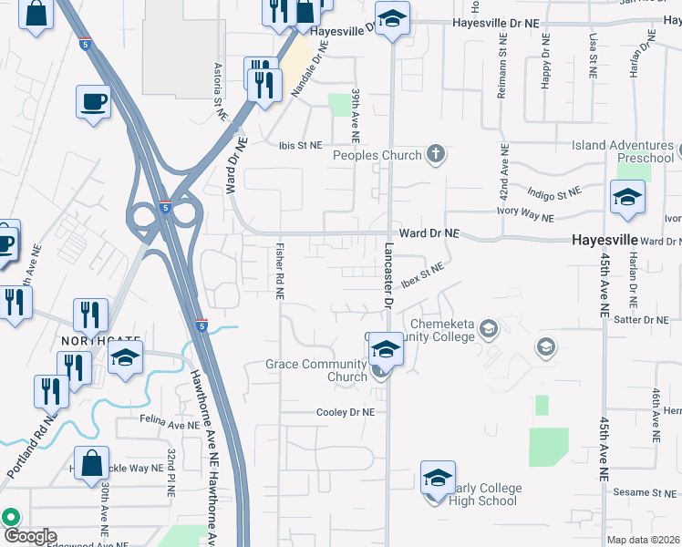 map of restaurants, bars, coffee shops, grocery stores, and more near 3871 Iberis Street Northeast in Salem