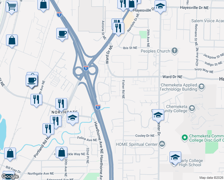 map of restaurants, bars, coffee shops, grocery stores, and more near 3458 Gulfport Street Northeast in Salem