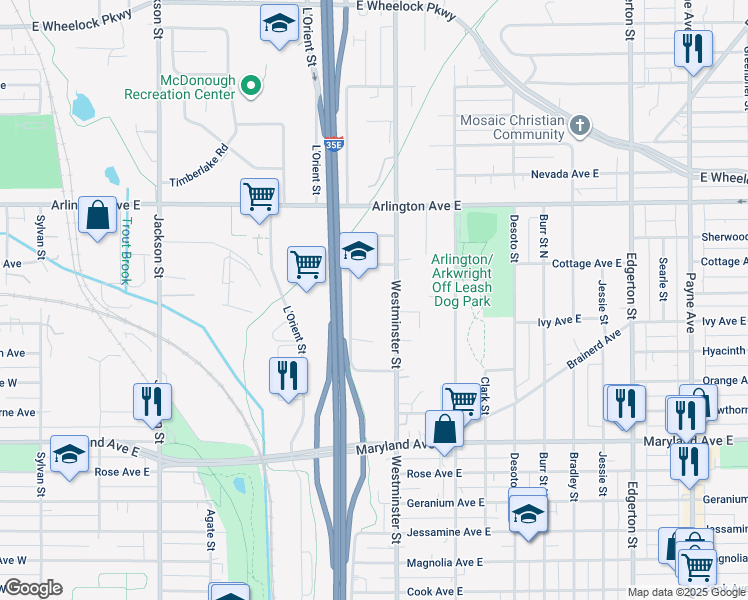 map of restaurants, bars, coffee shops, grocery stores, and more near 1335 Westminster Street in Saint Paul