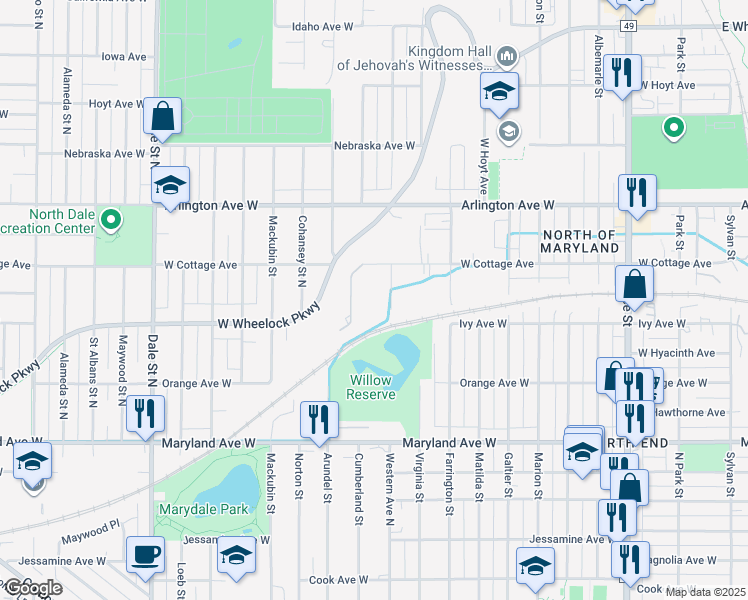 map of restaurants, bars, coffee shops, grocery stores, and more near 390 Cottage Avenue in Saint Paul