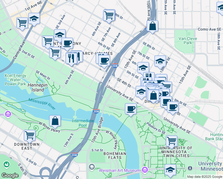 map of restaurants, bars, coffee shops, grocery stores, and more near 915 University Avenue Southeast in Minneapolis
