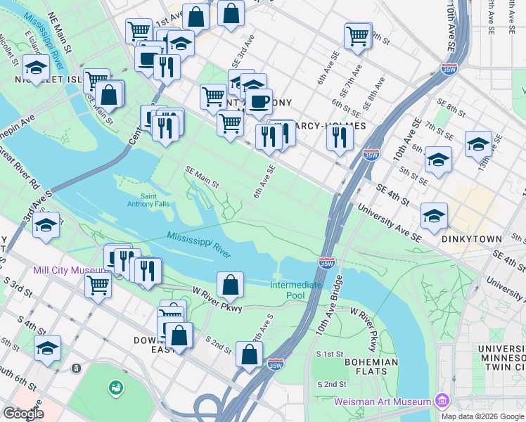 map of restaurants, bars, coffee shops, grocery stores, and more near 100 6th Avenue Southeast in Minneapolis