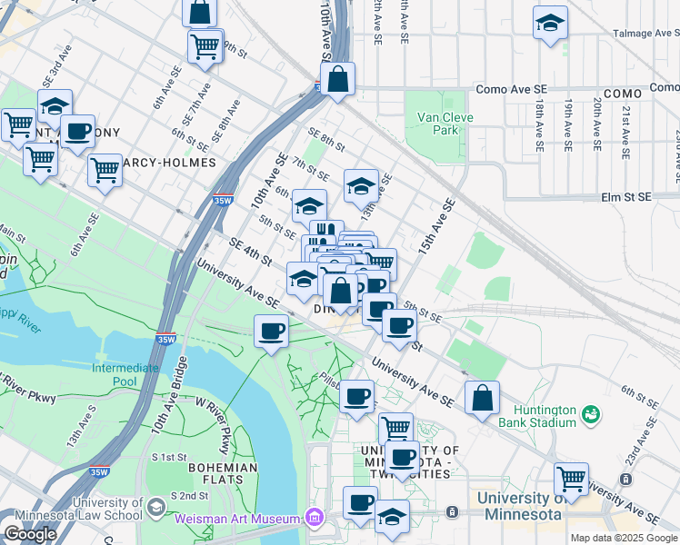 map of restaurants, bars, coffee shops, grocery stores, and more near 428 13th Avenue Southeast in Minneapolis