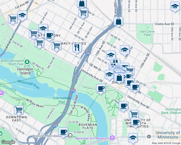 map of restaurants, bars, coffee shops, grocery stores, and more near 314 10th Avenue Southeast in Minneapolis