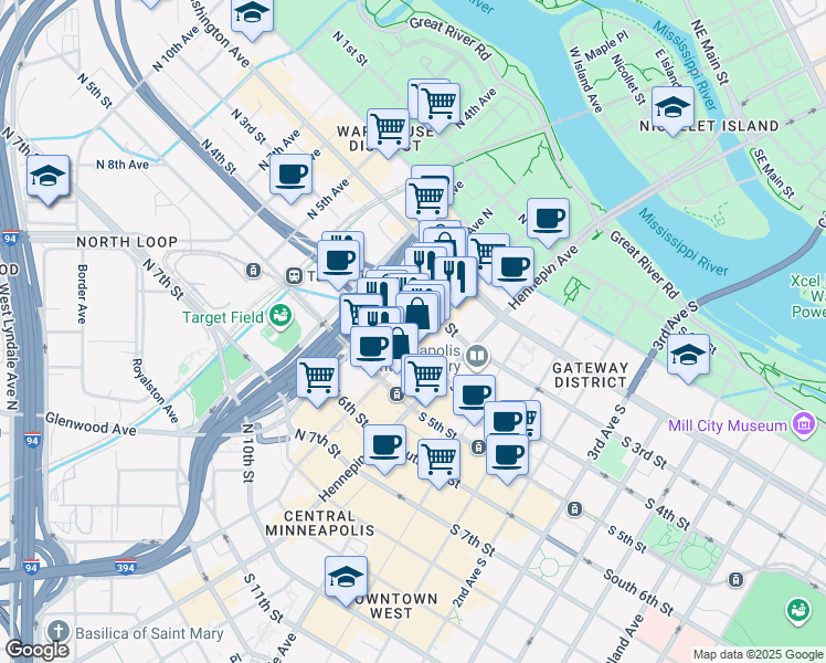 map of restaurants, bars, coffee shops, grocery stores, and more near 120 North 4th Street in Minneapolis