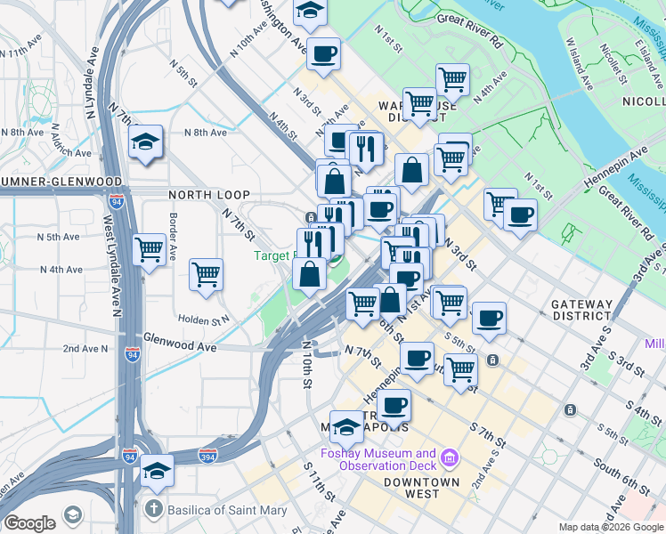 map of restaurants, bars, coffee shops, grocery stores, and more near 1 Twins Way in Minneapolis
