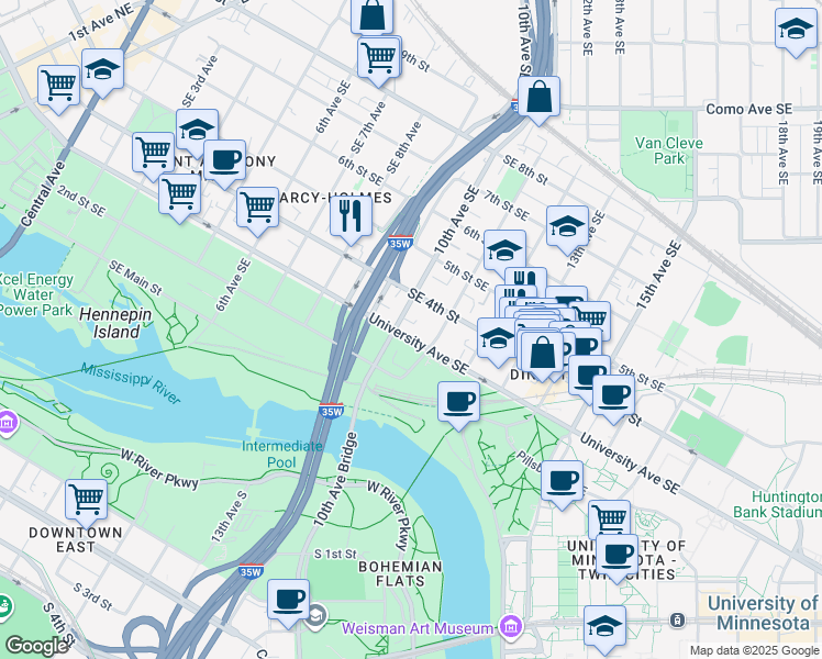 map of restaurants, bars, coffee shops, grocery stores, and more near 314 10th Avenue Southeast in Minneapolis