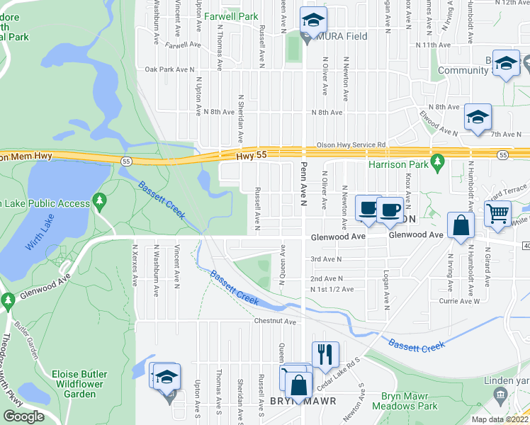 map of restaurants, bars, coffee shops, grocery stores, and more near 406 Russell Avenue North in Minneapolis