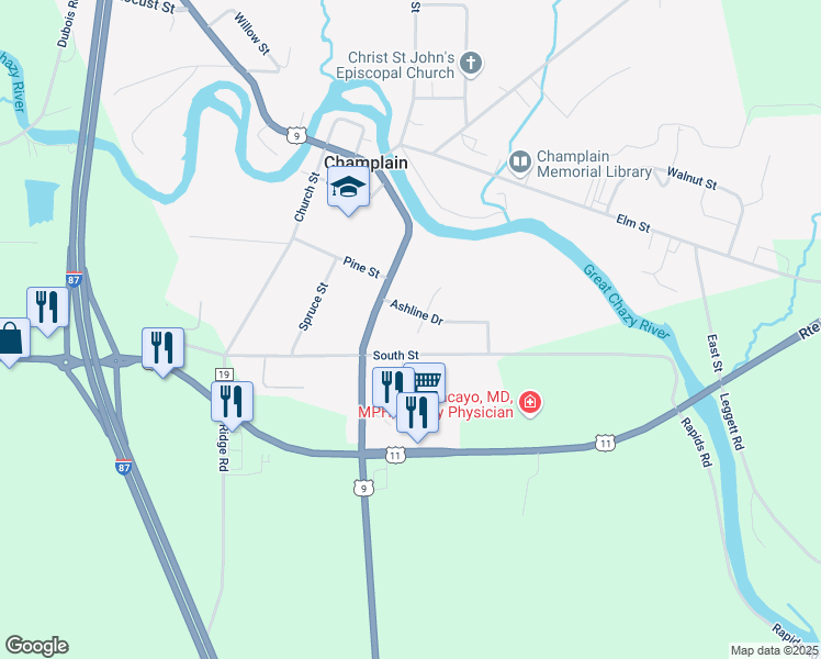 map of restaurants, bars, coffee shops, grocery stores, and more near 3 Patricia Ln in Champlain