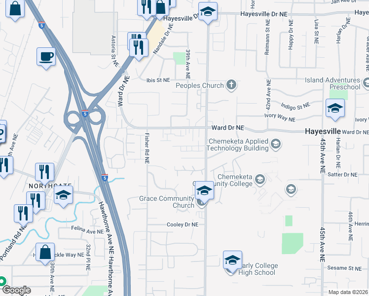 map of restaurants, bars, coffee shops, grocery stores, and more near 3871 Iberis Street Northeast in Salem